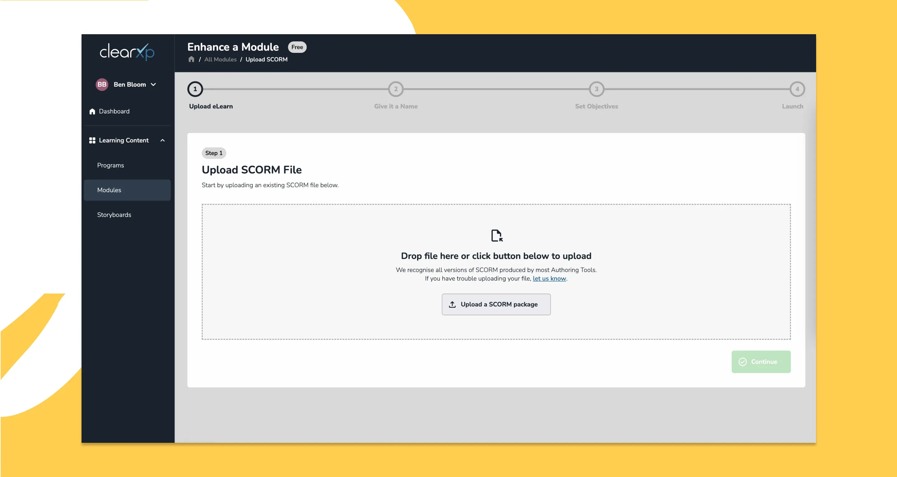 Screenshot of ClearXP module upload screen