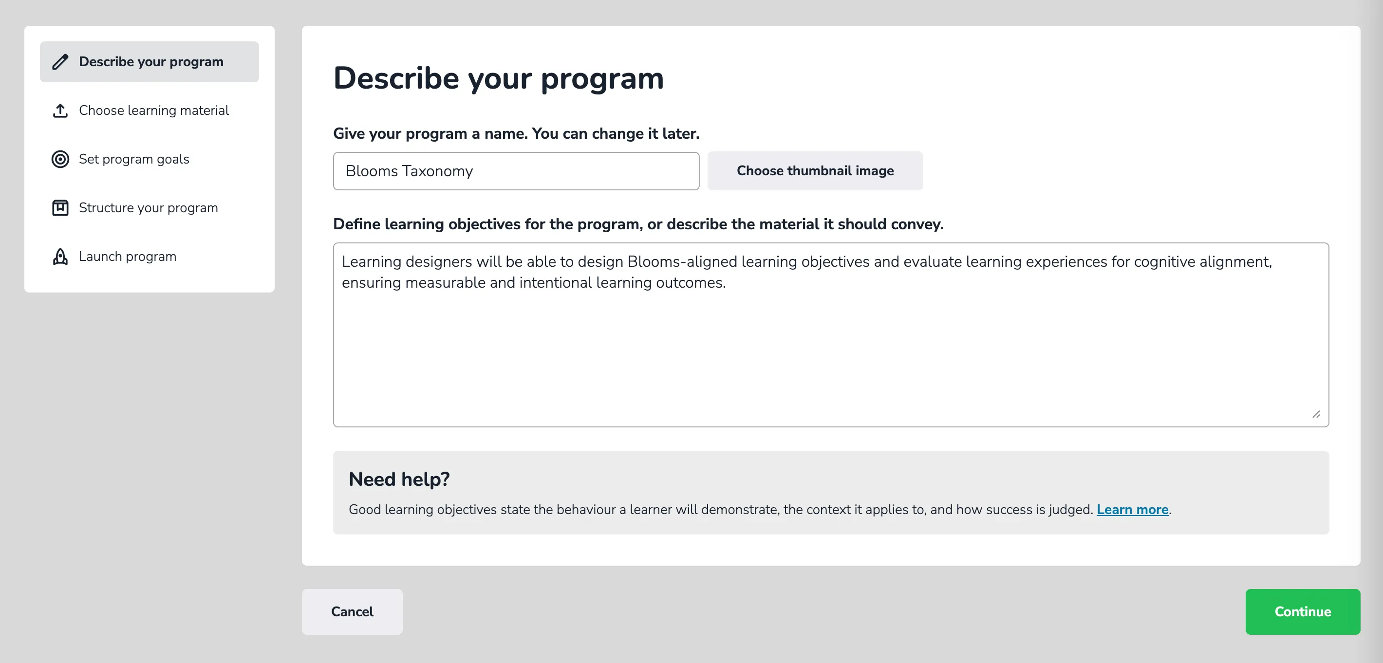 ClearXP program creation: name and learning outcome fields