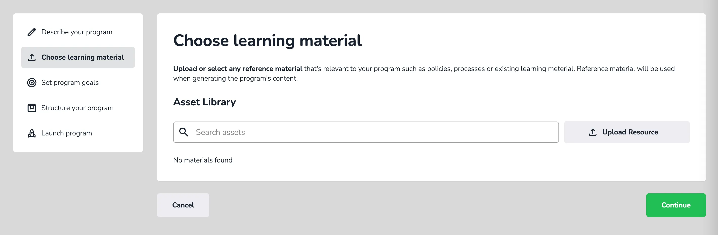 ClearXP program creation: choose or upload learning materials