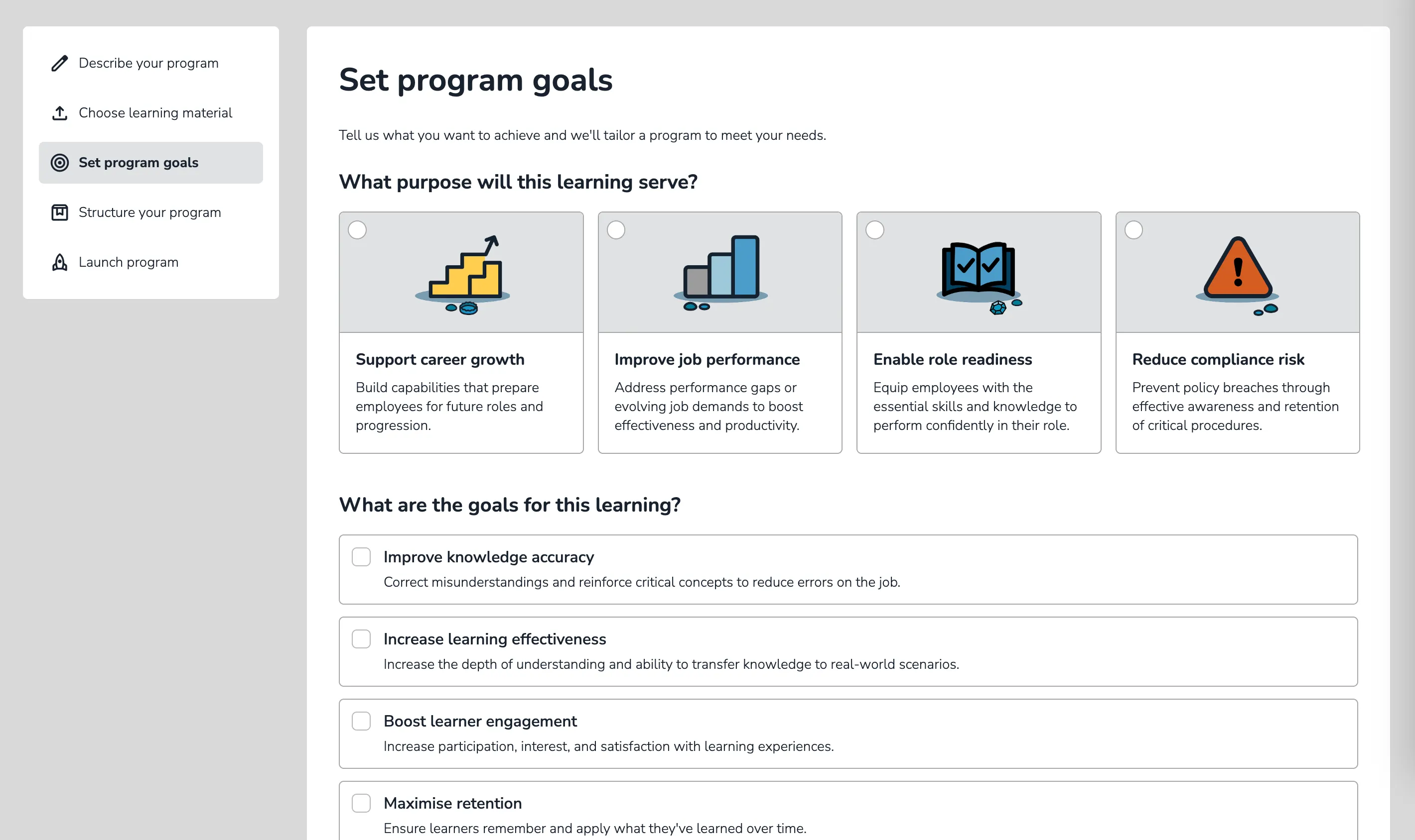 ClearXP program creation: select learning purpose and set program goals