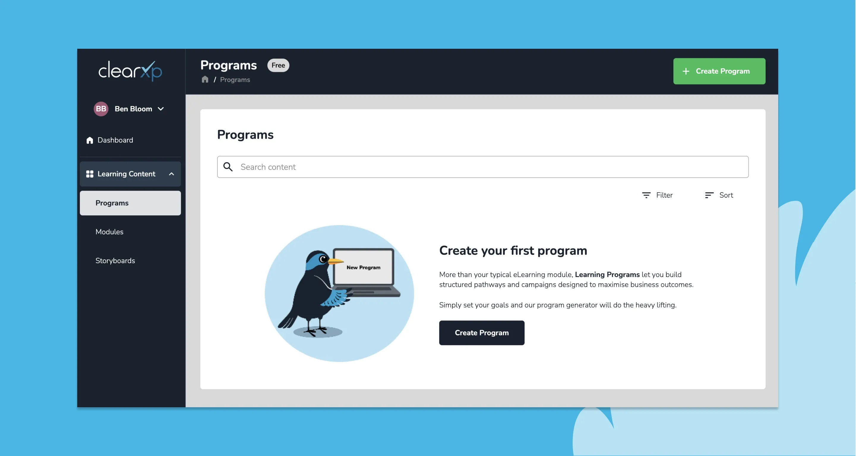 ClearXP program creation screen